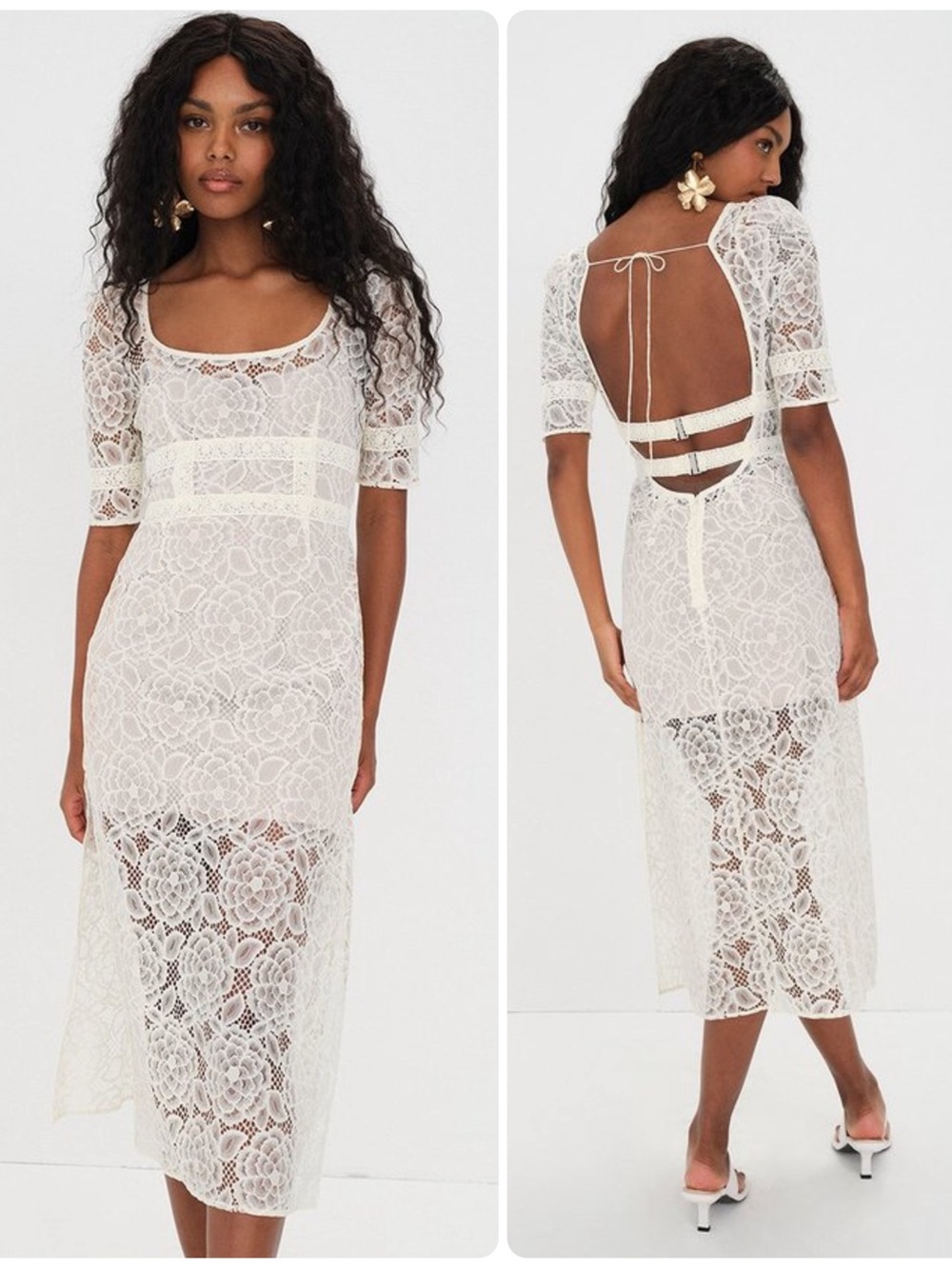 For Love & Lemons Marilyn Ivory Lace Strappy Open Back Midi Dress NWT $288